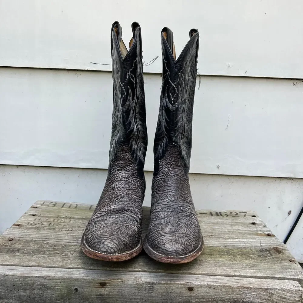 Vintage Tony Lama gray textured leather almond toe cowboy boots 8 1/2 D